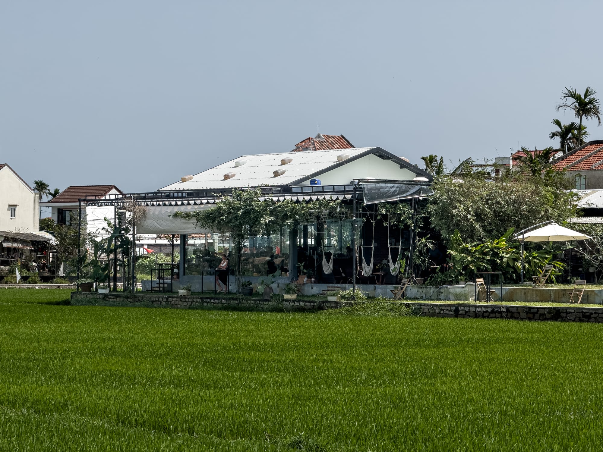 Exterior view of Hub Hoi An, a coworking space surrounded by lush green rice fields, with hammocks, shaded seating, and a modern glass-fronted design blending into the rural landscape