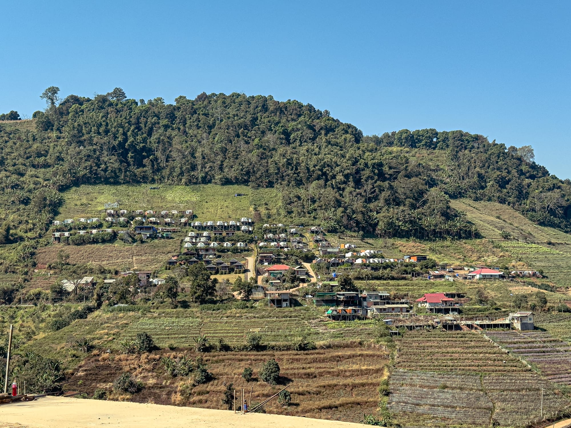 A view of terraced farmland and forested hills in Mae Rim with rows of hillside resorts, homestays, and tents scattered across the slopes under a clear blue sky
