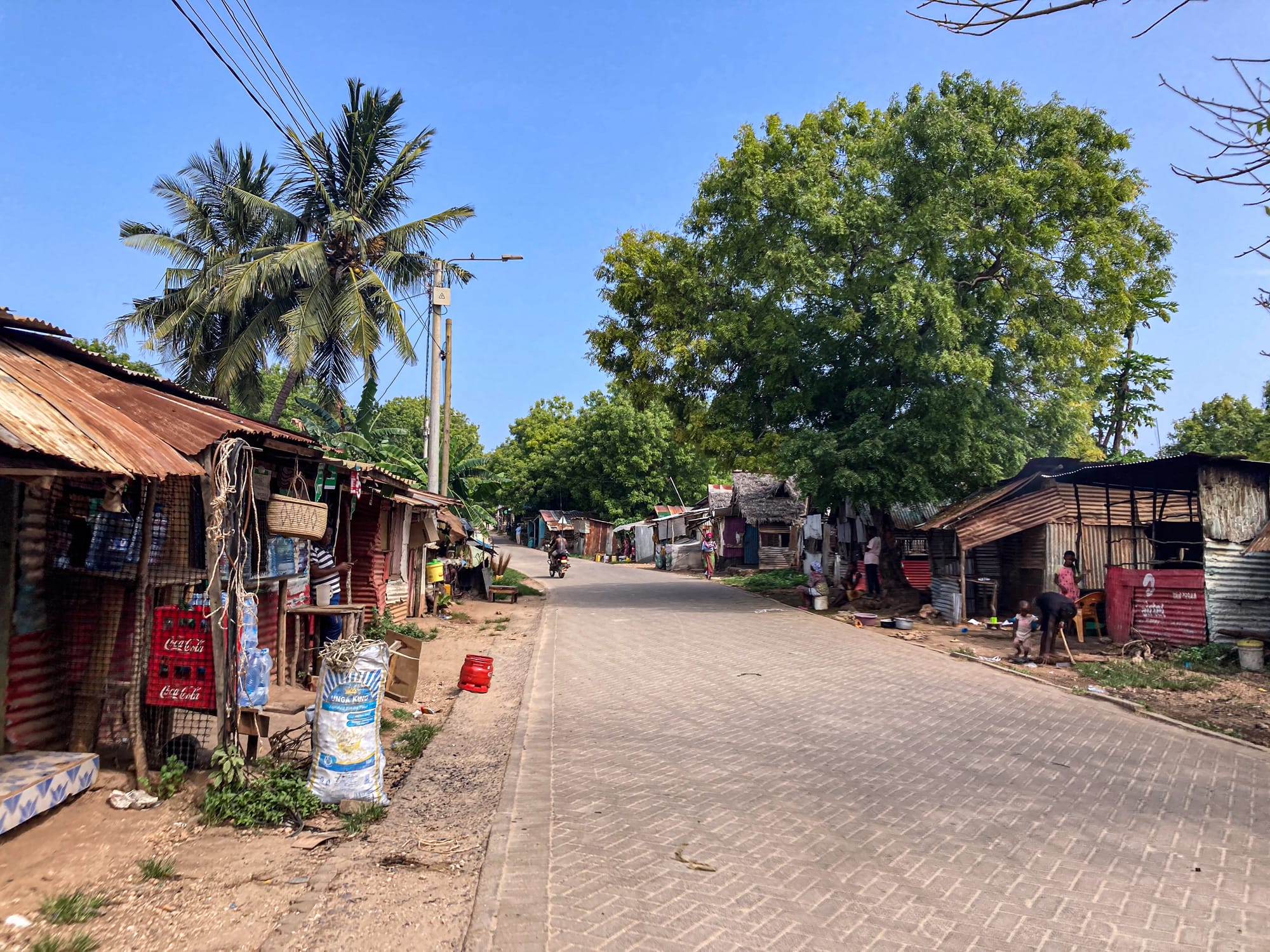A paved street in Diani Beach with small corrugated tin shops and kiosks on either side, shaded by palm trees and large green trees, with locals working outside and a motorbike further up the road
