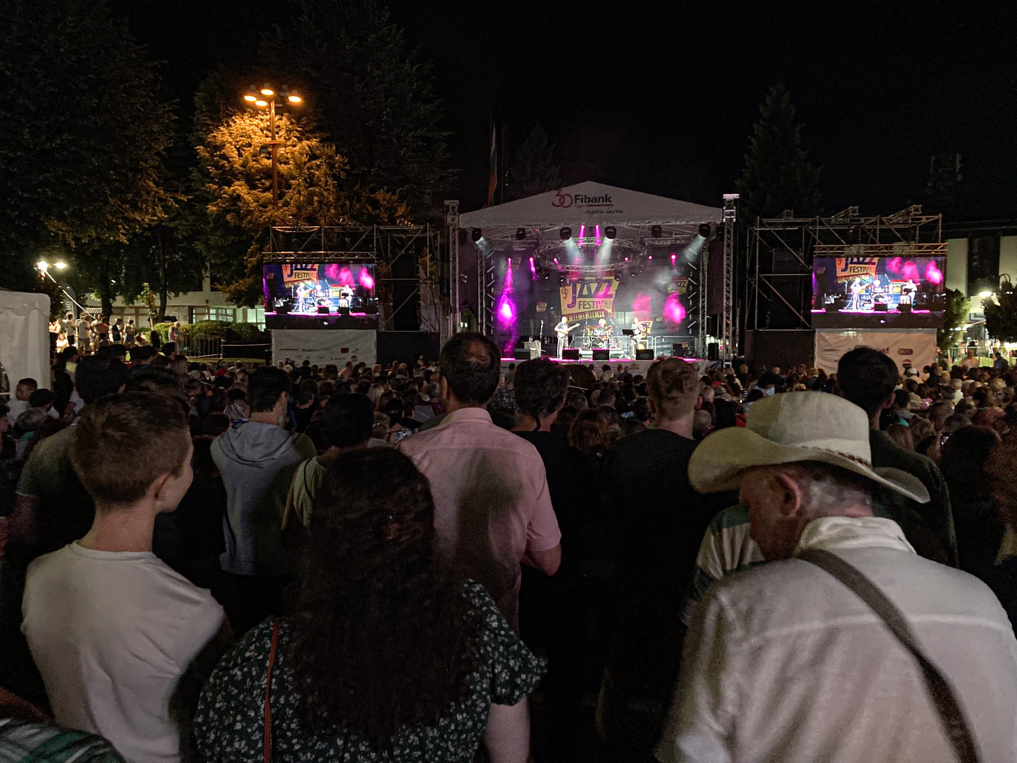 Large audience watching a live performance on the main stage at the Bansko Jazz Festival, with lights and screens illuminating the night