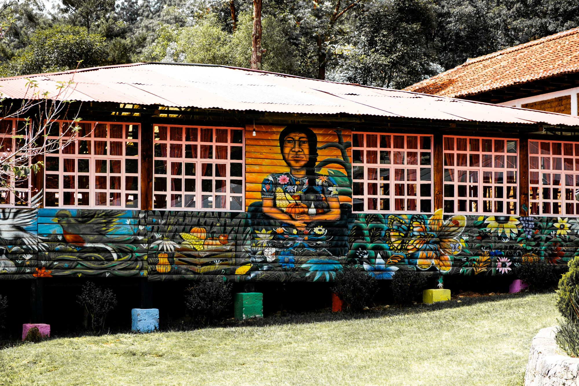 Mural on a wooden building at CIDECI showing an Indigenous woman seated with flowers, birds, corn, and natural motifs surrounding her, painted beneath long rows of windows and set against a forested backdrop