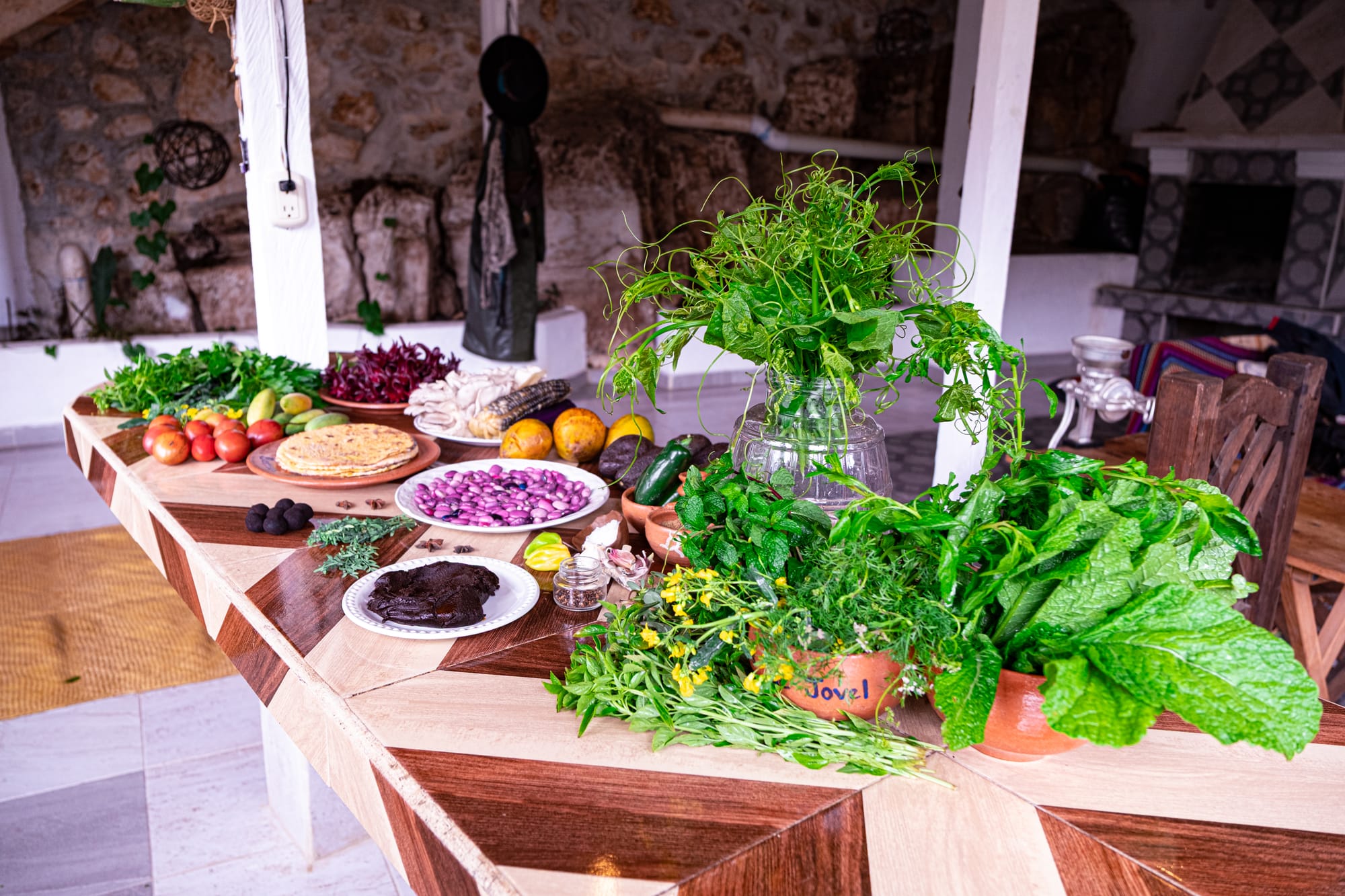 A large wooden table covered with fresh ingredients from the Santo Domingo market, including leafy greens, herbs, tomatoes, onions, squash blossoms, mole paste, cacao truffles, and chayote vines, all arranged in Itzel’s open-air kitchen