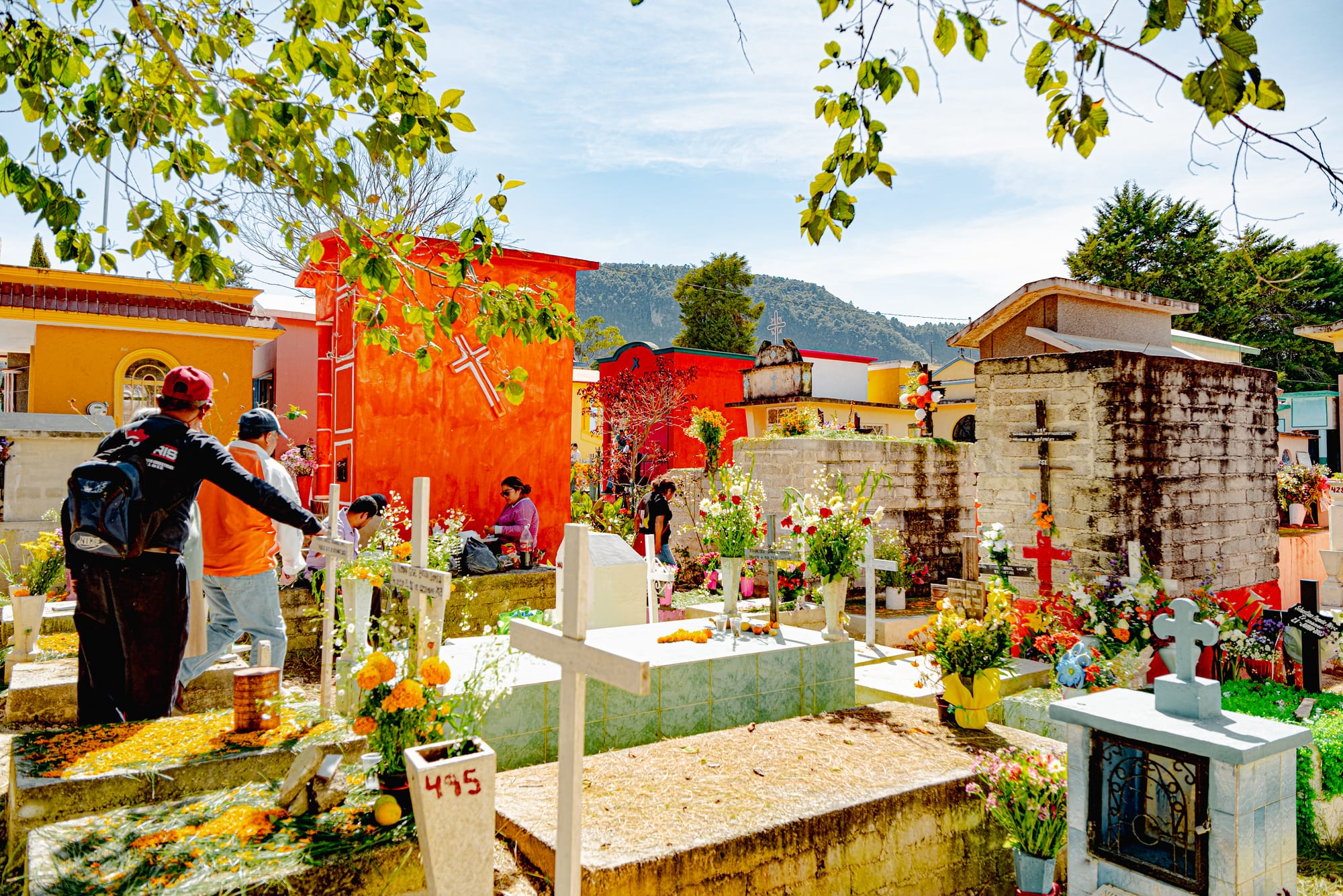 Día de Muertos at San Cristóbal Municipal Pantheon in San Cristóbal de las Casas, Chiapas, Mexico, colorful above ground tombs painted like small houses, families decorating graves with flowers and pine needles, people walking through cemetery streets during Day of the Dead celebrations, lively and local cemetery atmosphere