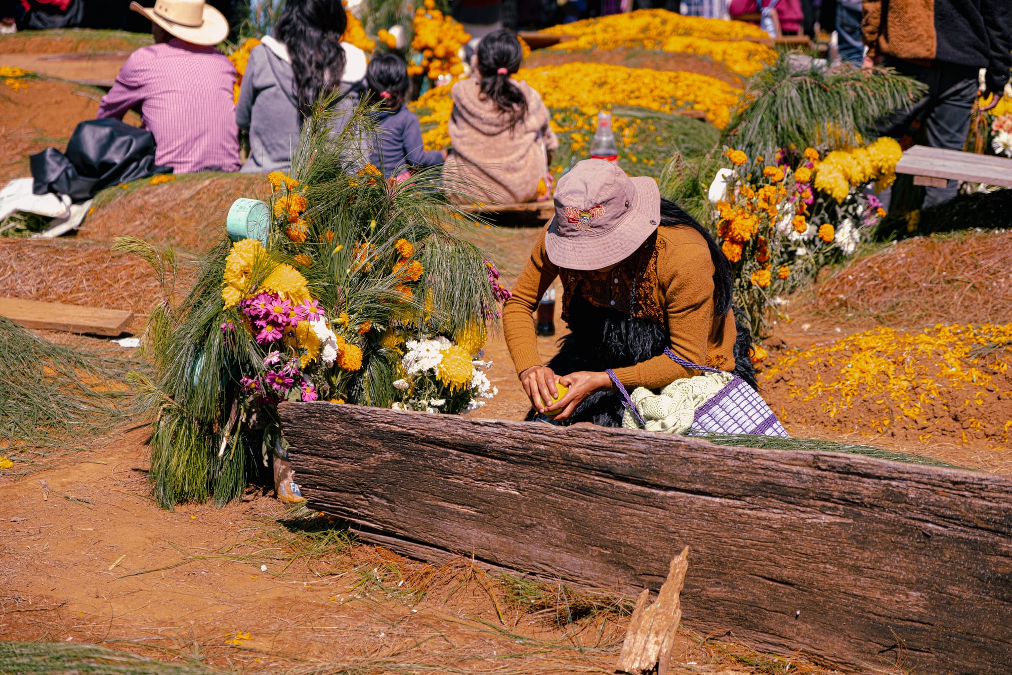 Día de Muertos at Romerillo Cemetery Chiapas, local woman tending a pine covered grave with marigolds and flowers, family sitting together at hillside cemetery, indigenous Day of the Dead traditions with offerings and careful grave maintenance near San Cristóbal de las Casas