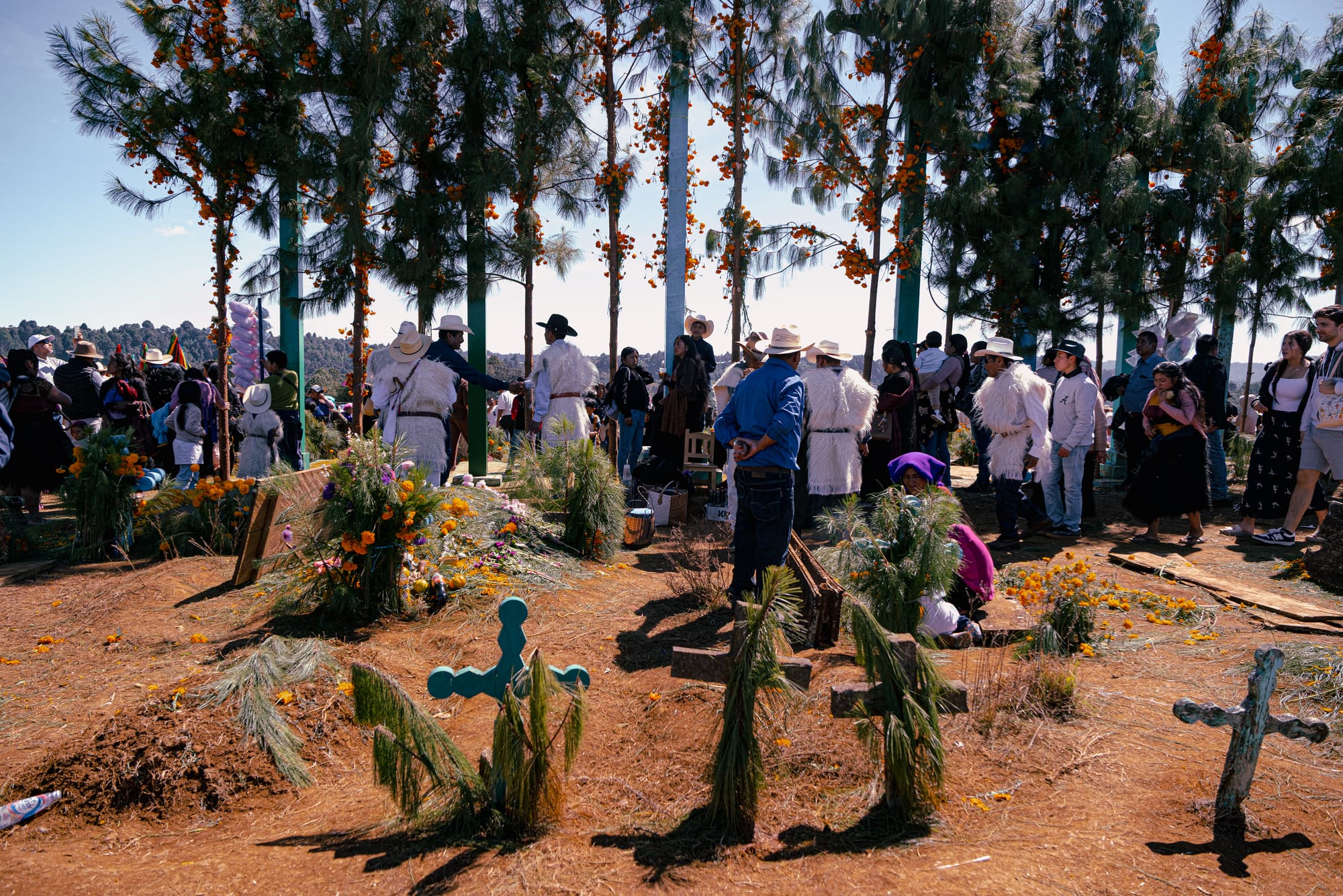 Día de Muertos at Romerillo Cemetery Chiapas, large communal gathering around pine covered graves and tall crosses, indigenous families wearing traditional wool clothing and ribbon headdresses, marigolds hanging from trees and scattered across the ground, crowded hilltop cemetery during Day of the Dead celebrations near San Cristóbal de las Casas