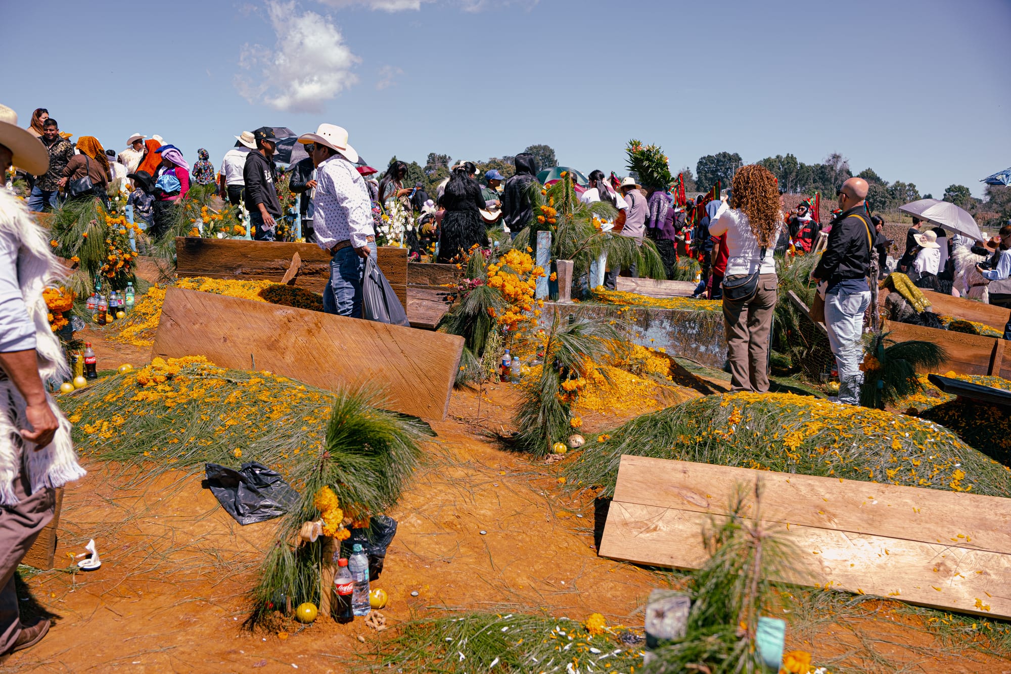 Families walking among the graves at Romerillo Cemetery on Day of the Dead