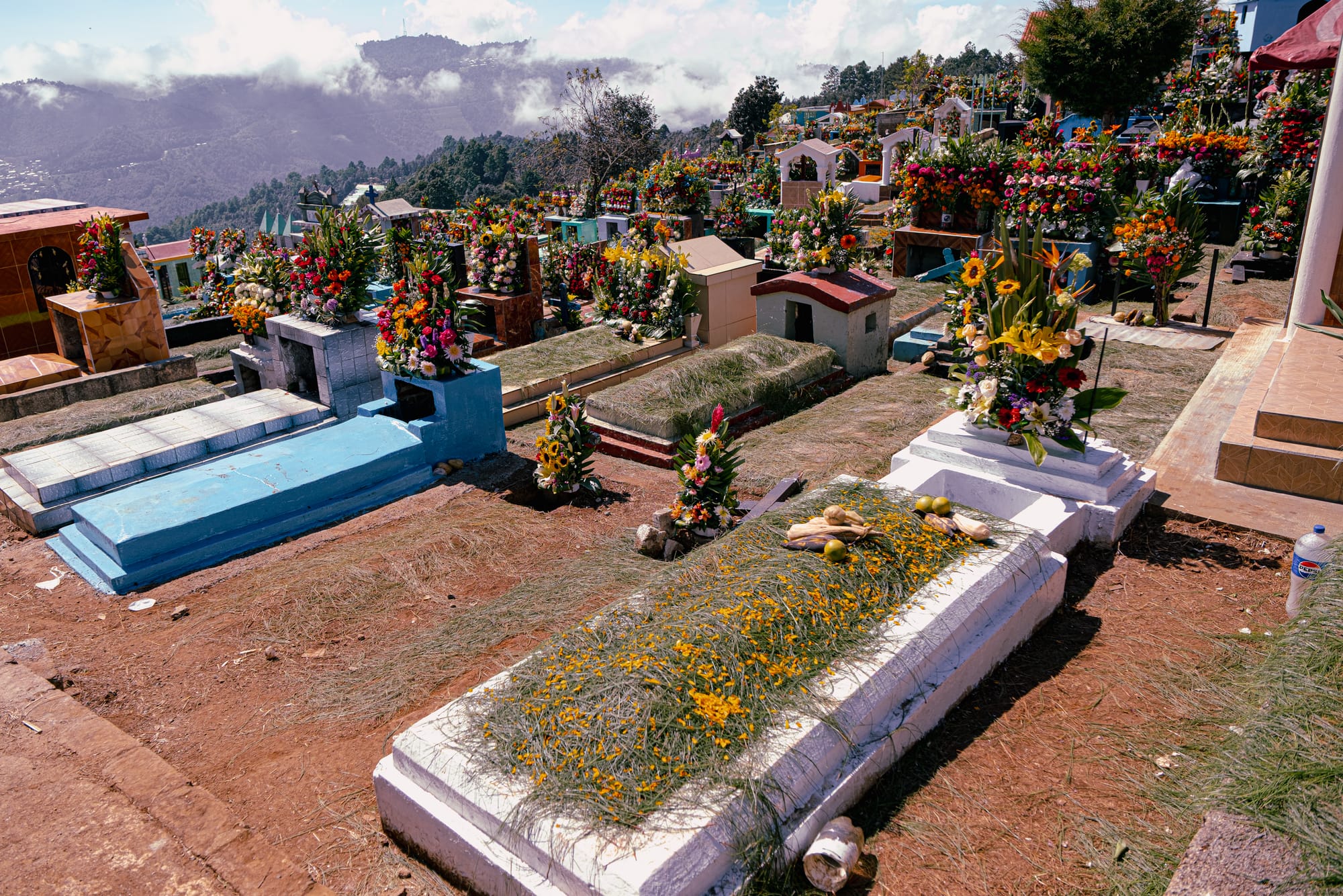 Día de Muertos at Zinacantán Cemetery in Zinacantán, Chiapas, Mexico, above ground graves covered with pine needles marigolds and elaborate floral arrangements, hillside cemetery filled with colorful tombs and flower offerings, mountain views and cloud cover shaping Day of the Dead traditions near San Cristóbal de las Casas