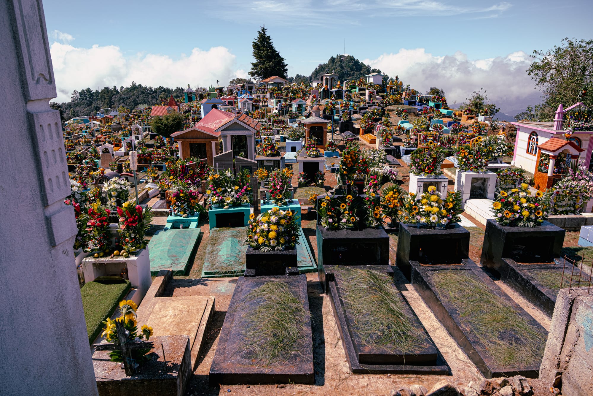 Día de Muertos at Zinacantán Cemetery in Zinacantán, Chiapas, Mexico, wide panoramic view of hillside cemetery filled with above ground graves and elaborate floral arrangements, dense rows of colorful tombs covered in marigolds and mixed flowers, mountain and cloud backdrop shaping Day of the Dead traditions near San Cristóbal de las Casas