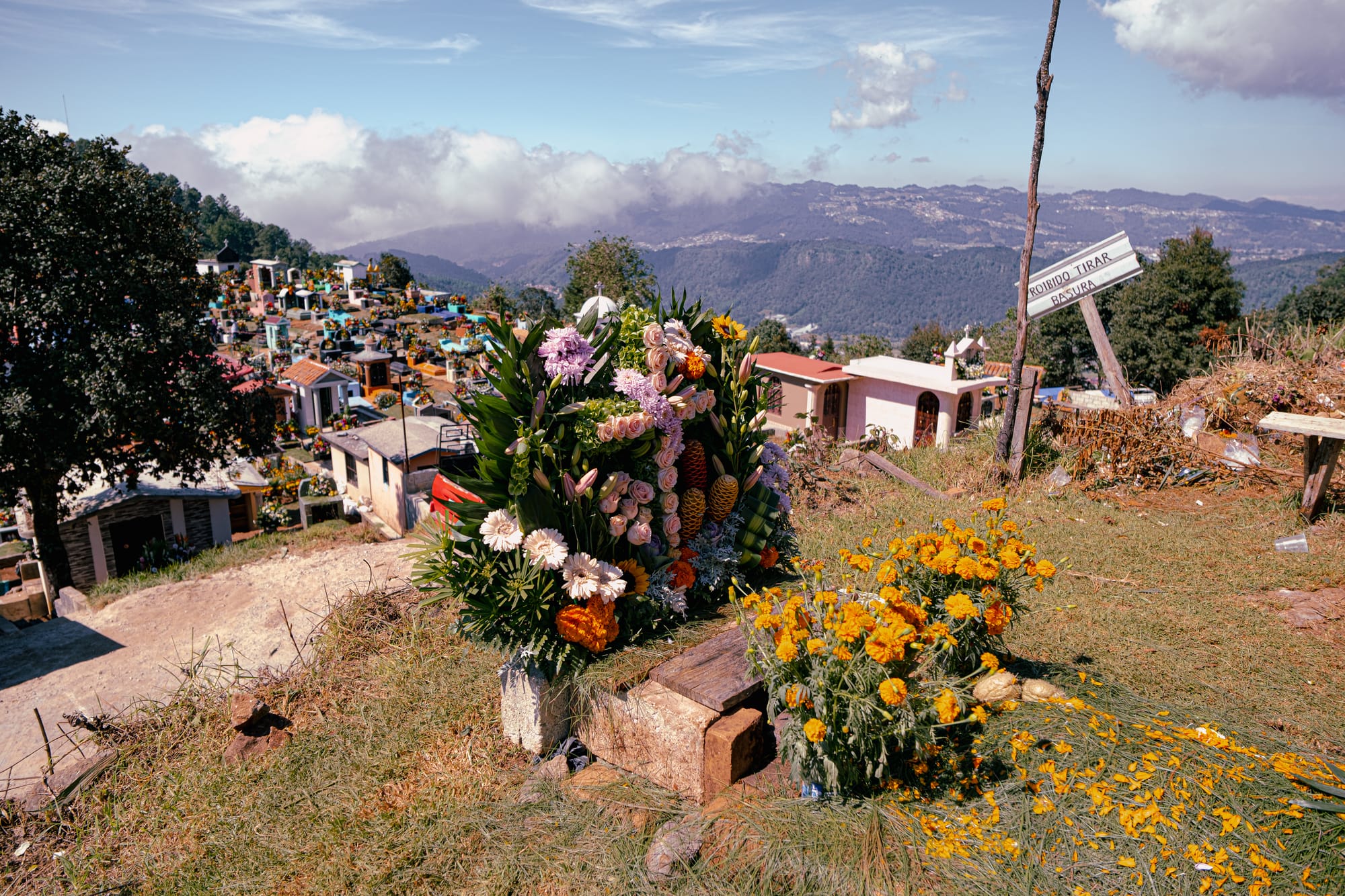 Día de Muertos at Zinacantán Cemetery in Zinacantán, Chiapas, Mexico, floral arrangement placed on a hillside grave with marigolds and mixed flowers, panoramic mountain views and clouds surrounding the cemetery, Day of the Dead offerings overlooking the valley near San Cristóbal de las Casas