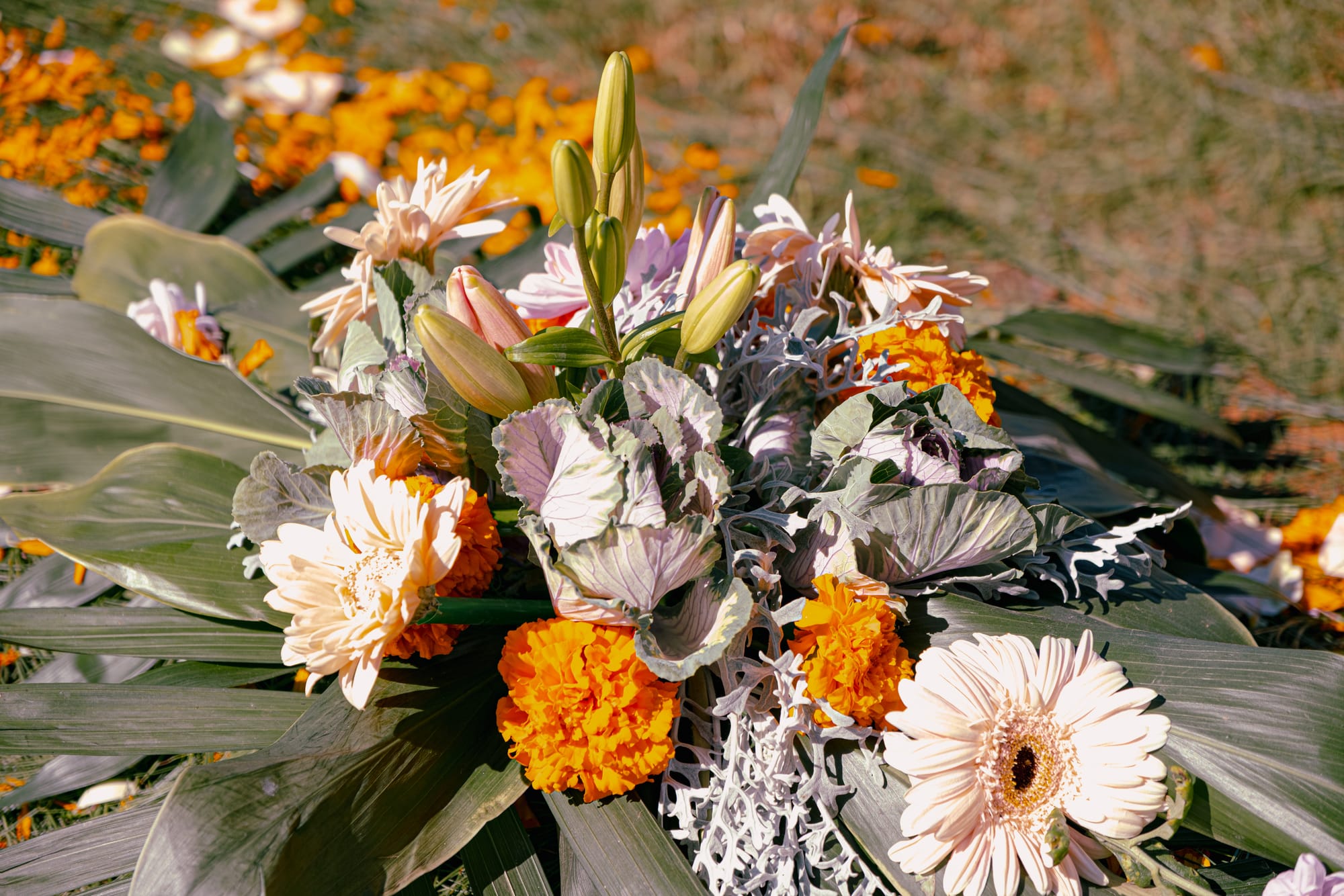 Día de Muertos floral arrangement at Zinacantán Cemetery in Zinacantán, Chiapas, Mexico, close up of marigolds lilies daisies and mixed flowers arranged on pine needles, traditional Day of the Dead flower offerings shaped by local flower cultivation near San Cristóbal de las Casas