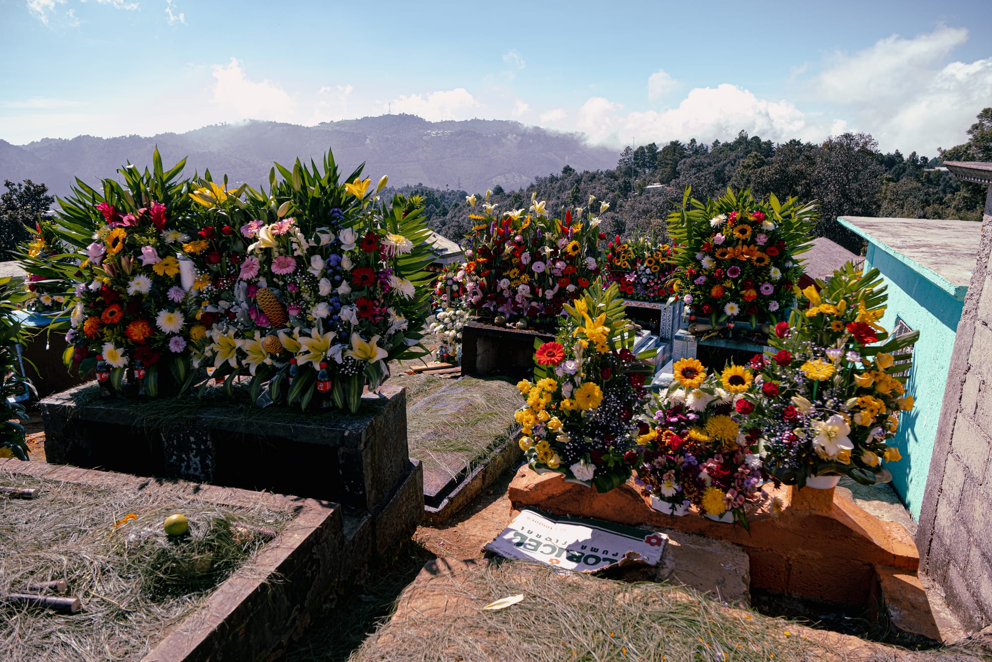 Día de Muertos at Zinacantán Cemetery in Zinacantán, Chiapas, Mexico, above ground graves covered with elaborate floral arrangements, dense bouquets of marigolds lilies roses and mixed flowers, hillside cemetery with mountain views shaped by local flower cultivation near San Cristóbal de las Casas