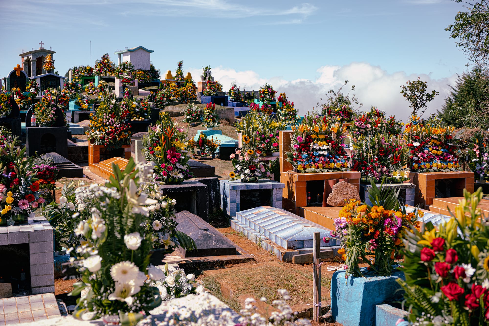 Digital nomad life in San Cristóbal de las Casas Mexico, Day of the Dead celebration at Zinacantán cemetery in Chiapas Highlands, colorful graves covered in flowers and offerings, indigenous mourning and remembrance traditions, spiritual cultural experience near San Cristóbal, Day of the Dead in southern Mexico