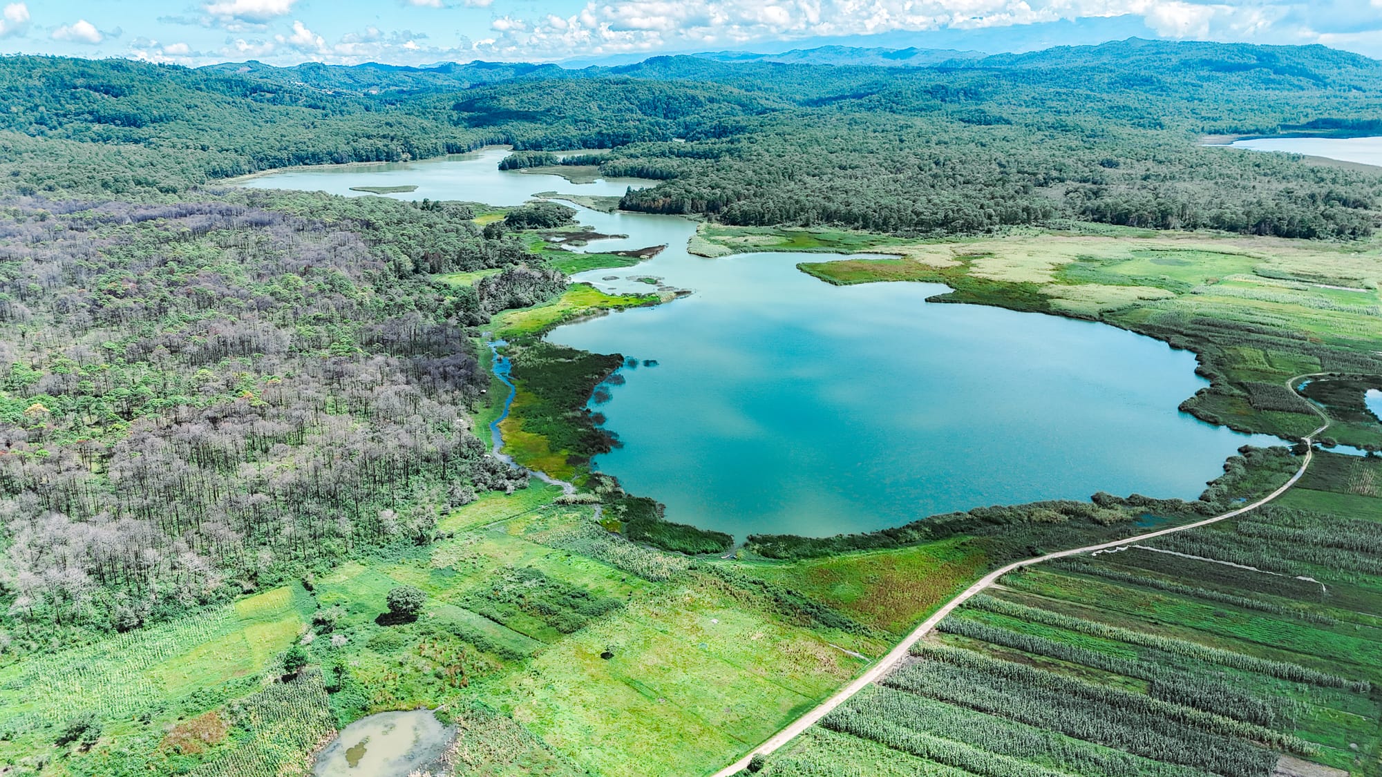 Aerial view of Montebello Lakes in Chiapas showing a wide turquoise lake bordered by forest, wetlands, and rolling hills near the Guatemala border