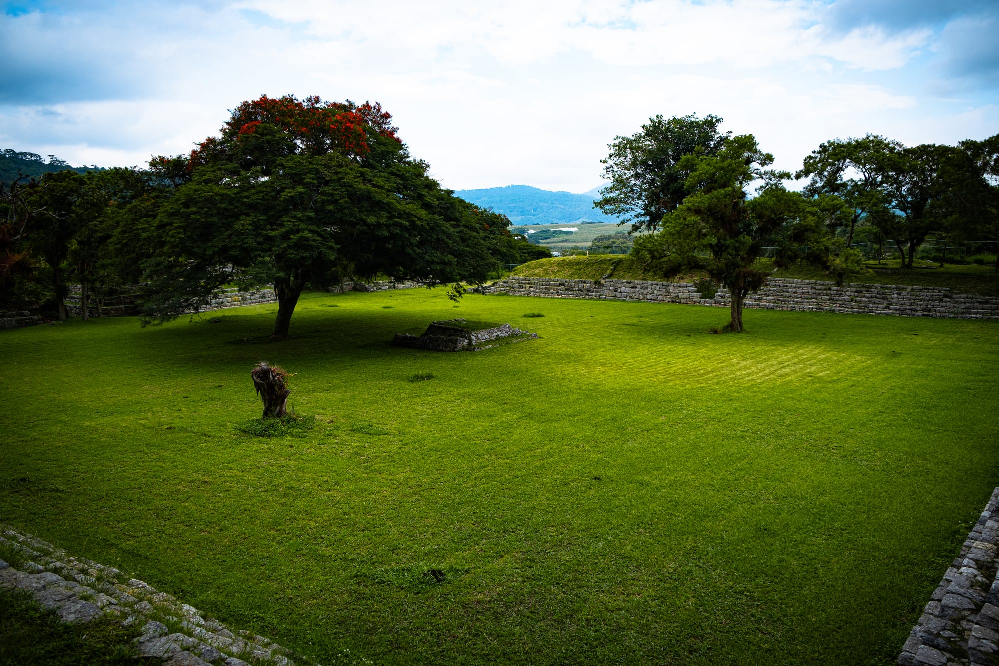Wide grassy plaza at the Chinkultic archaeological site in Chiapas, bordered by low stone walls and shade trees with distant hills visible beyond the ruins