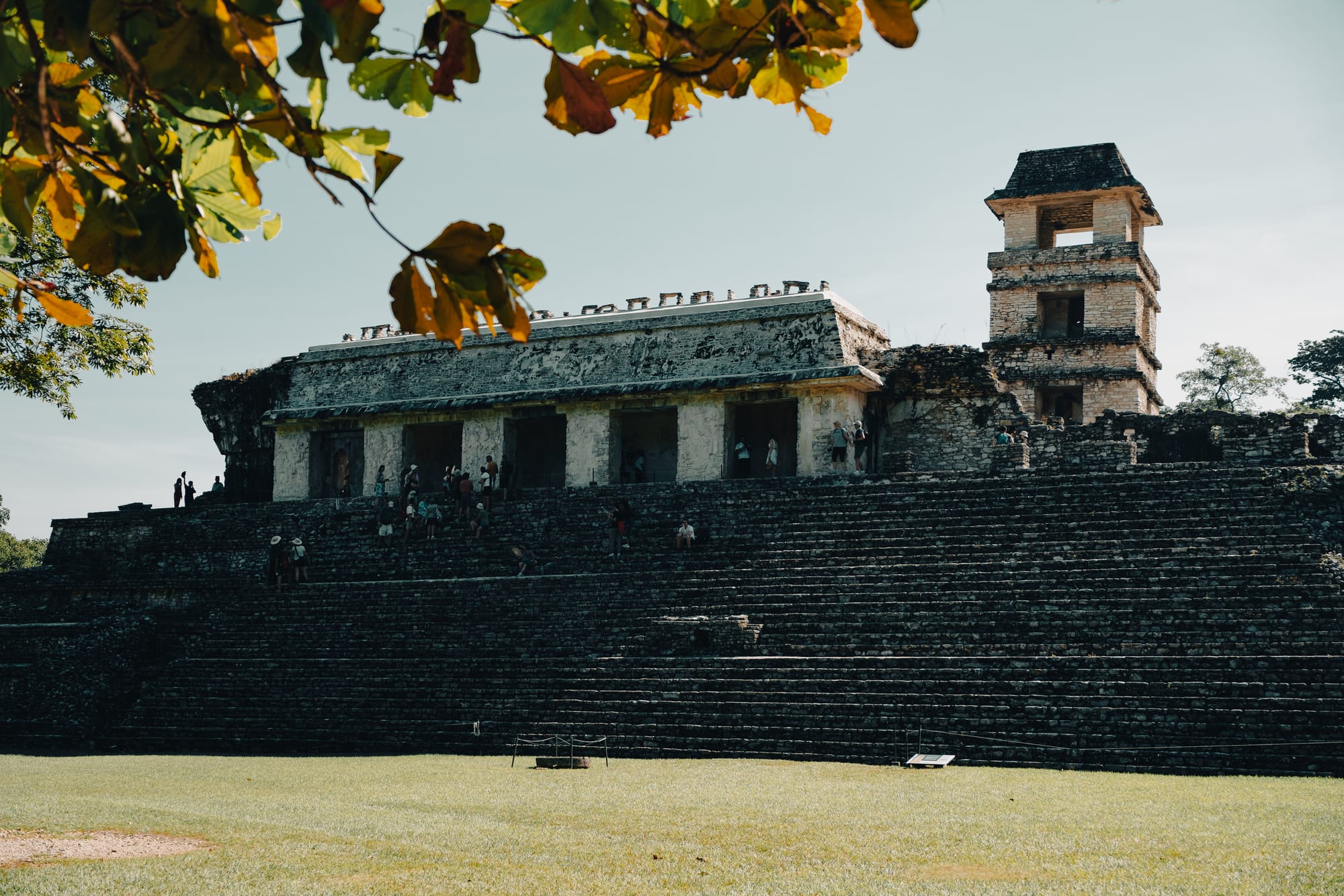 Palenque Palace complex with tower and stepped terraces overlooking central plaza, ancient Maya administrative and residential buildings at Palenque archaeological site in Chiapas Mexico, iconic palace architecture surrounded by jungle, visitors exploring Palenque Mayan ruins near San Cristóbal de las Casas