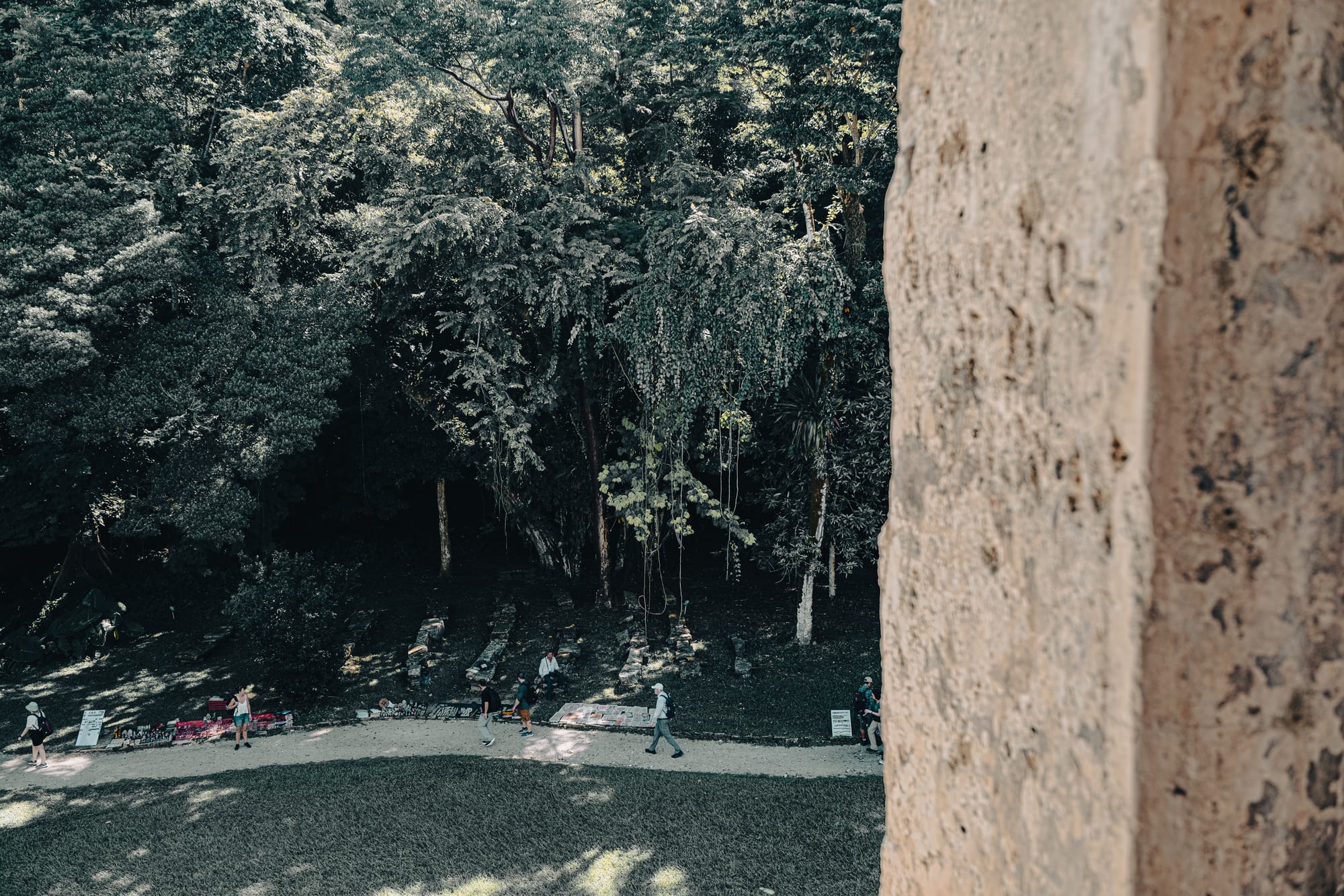 Palenque Mayan ruins view from stone building overlooking jungle edge in Chiapas Mexico, ancient Maya site with forest backdrop and visitors walking along pathways below, Palenque archaeological site landscape showing relationship between ruins and rainforest near San Cristóbal de las Casas