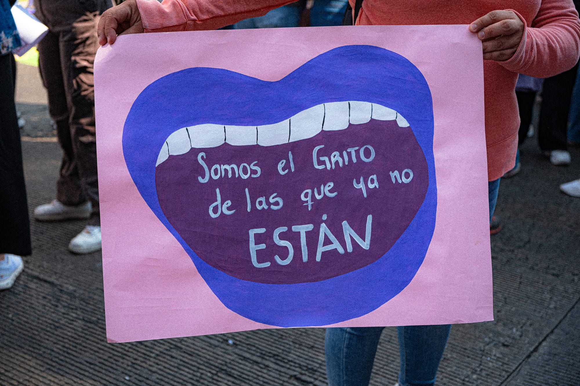 Feminist protest sign reading “Somos el grito de las que ya no están” during the 8M march in Mexico City protesting femicide and gender violence