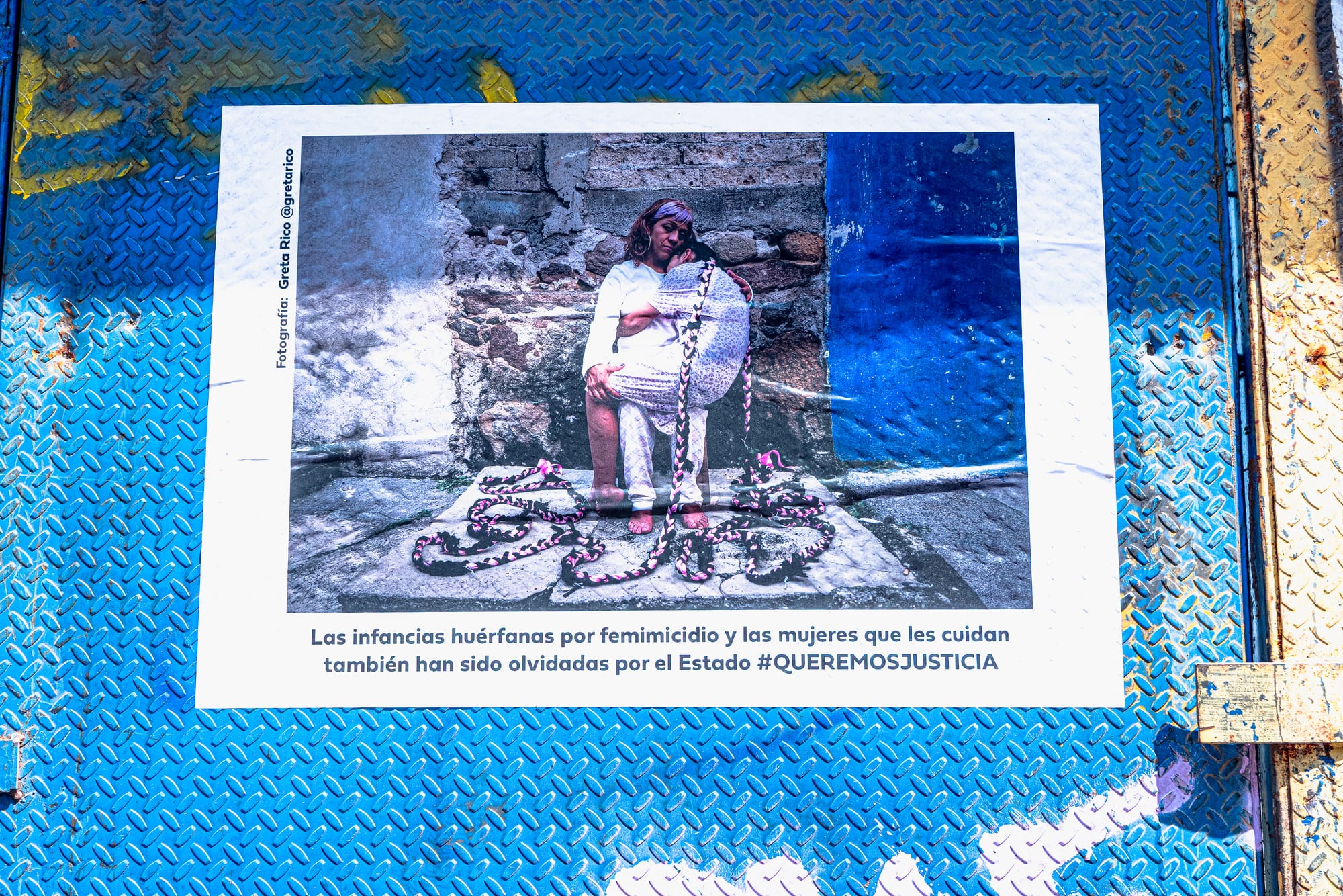 Poster about children orphaned by femicide displayed during the 8M march in Mexico City calling for justice for victims of gender violence