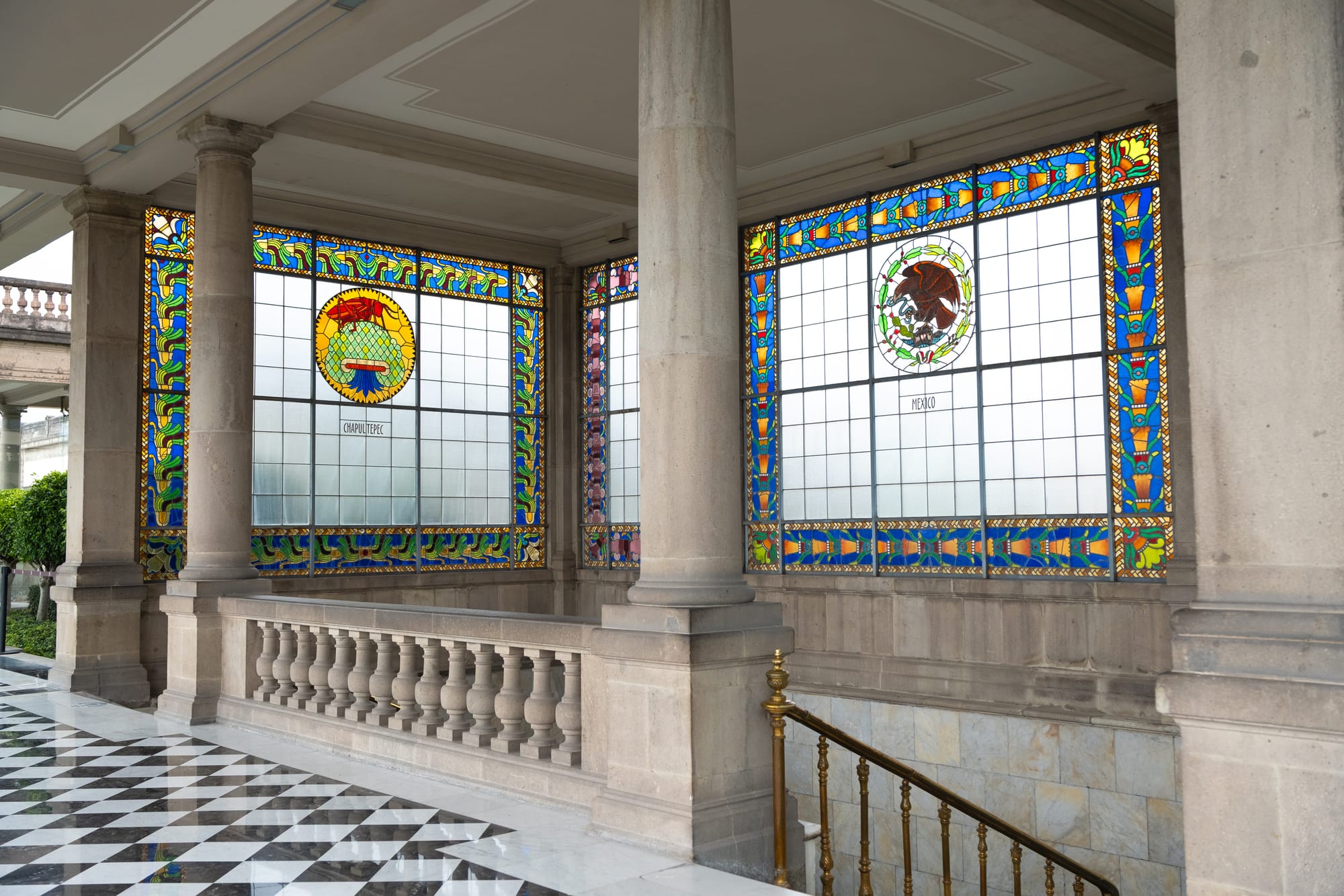 Chapultepec Castle Mexico City stained glass corridor with checkered floor and historic architectural details