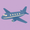 Illustration of a blue airplane with cream accents on a lavender background