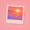 A minimalist Polaroid of a stylized ocean sunset with distant mountains, set against a soft pink background